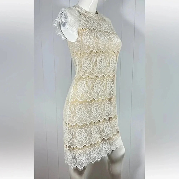 NWT Just Found Lined Laced Dress Tan Sleeveless Zip Back A-Line formal - Picture 3 of 8